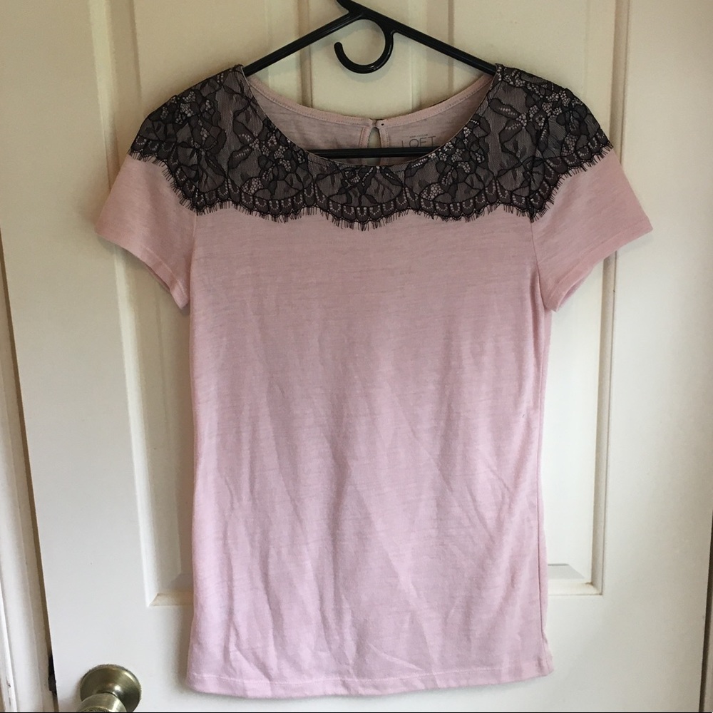 LOFT Pink Top with Black Lace Accent
